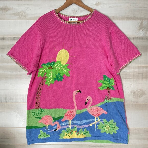 Vintage The Quacker Factory Pink Short Sleeve Flamingo Sweater Shirt Size XL - Picture 7 of 9